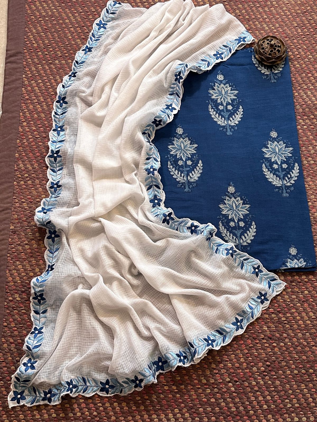 Pure Cotton Hand-blocked Set with Embroidered Dupatta