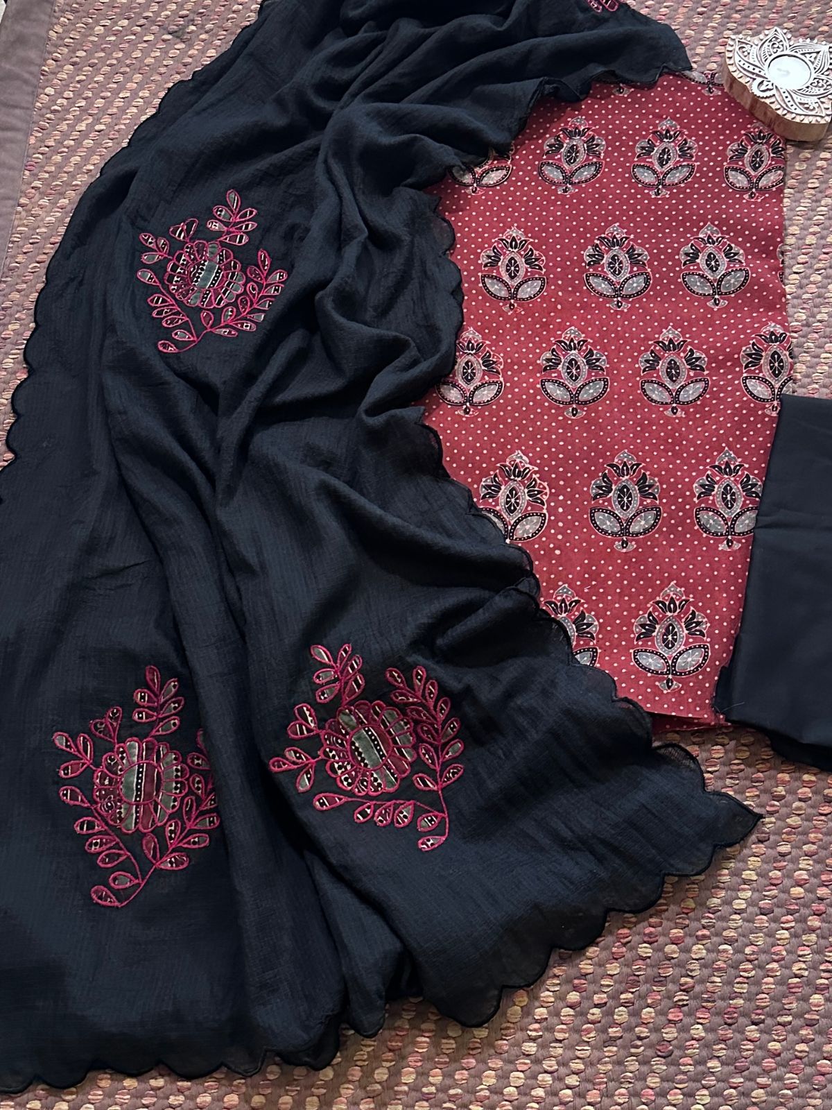 Ajrakh Cotton Malmal Unstitched Set with Applique Kota Dupatta