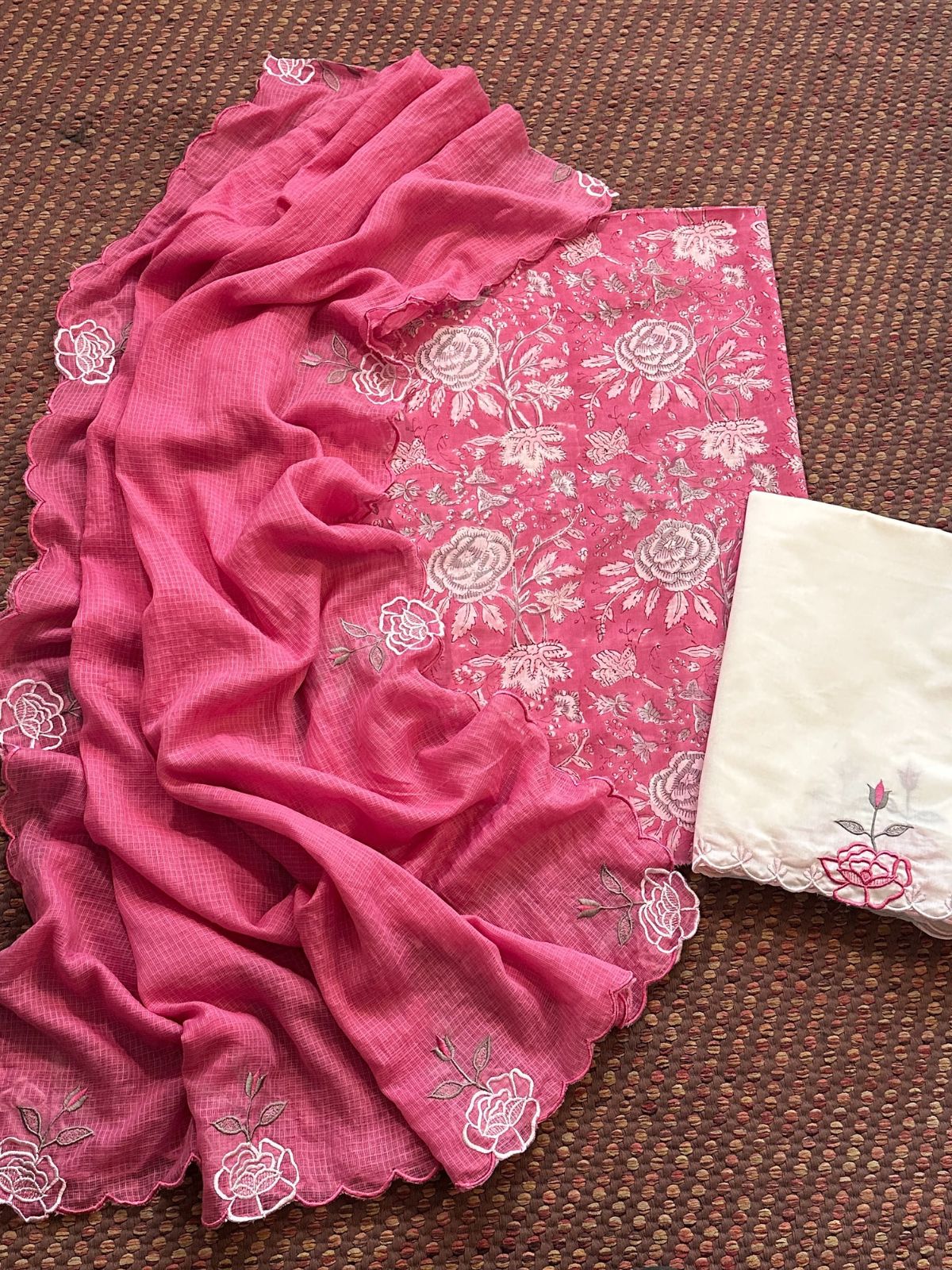 Pure Cotton Hand-block Fabric with Embroidered Bottom & Kota Doria Dupatta