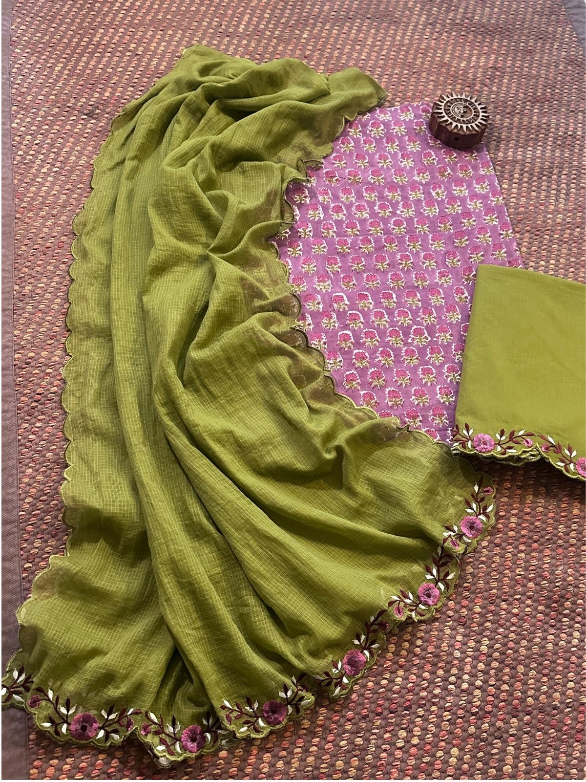 Pure Cotton Hand-block Fabric with Embroidered Bottom & Kota Doria Dupatta