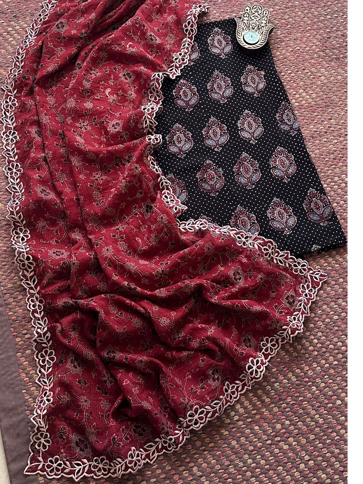 Pure Cotton Malmal Handblock Fabric in Ajrak with Cutwork Embroidered Dupatta