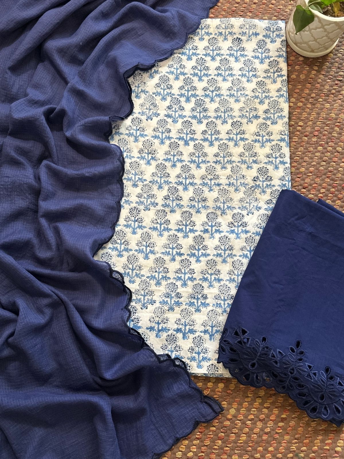 Pure Cotton Hand-blocked Fabric with Cutwork Bottom & Kota Doria Dupatta