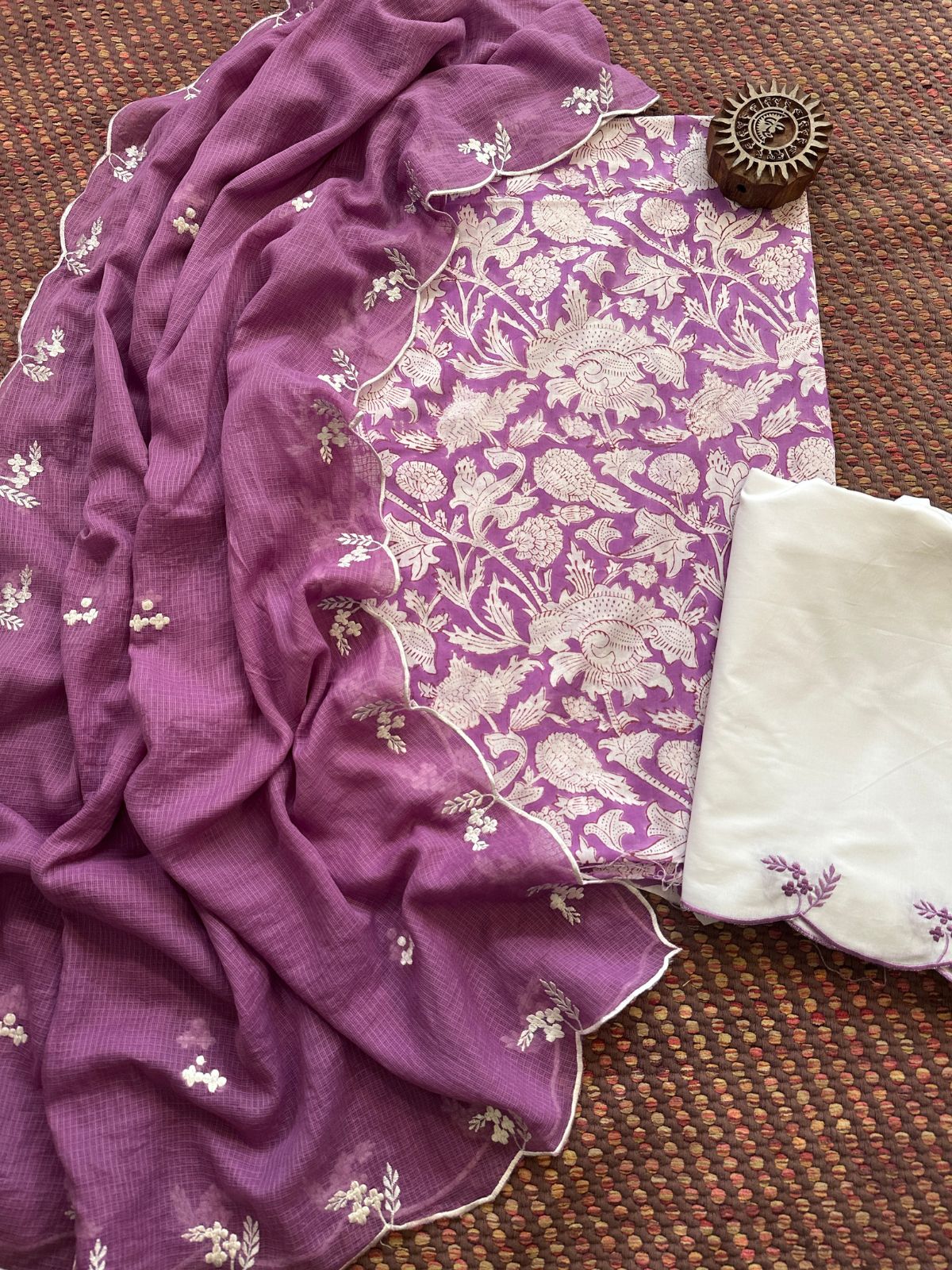 Pure Cotton Hand-block Fabric with Embroidered Bottom & Kota Doria Dupatta