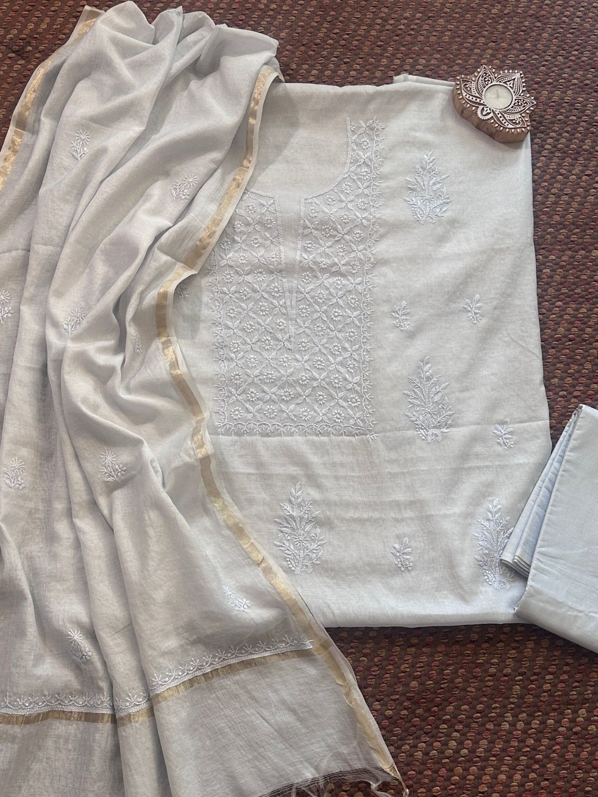 Premium Powder Blue Shade Malmal Maheswari Chikankari Set