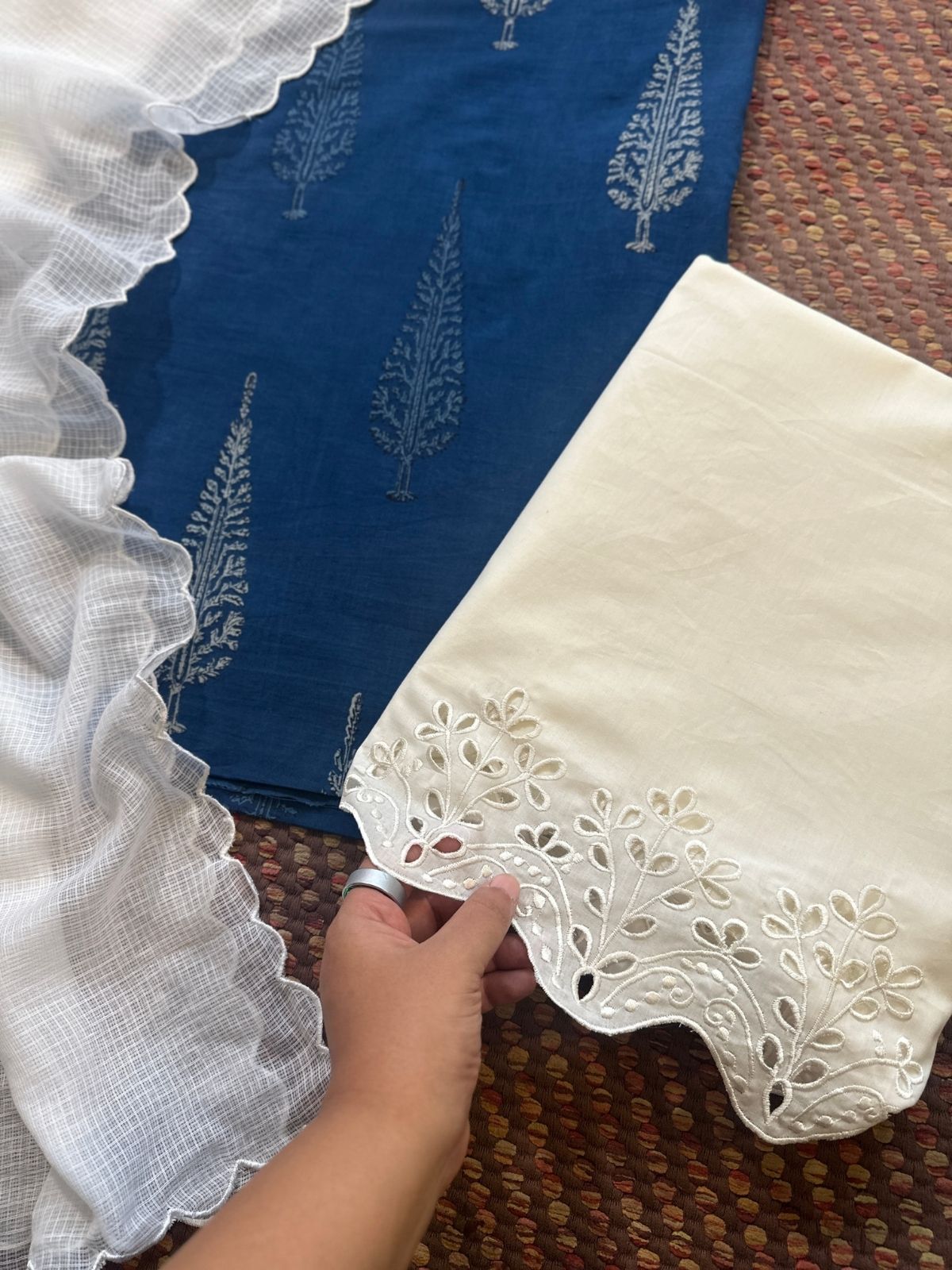 Pure Cotton Hand-blocked Indigo Fabric with Cutwork Bottom & Kota Doria Dupatta