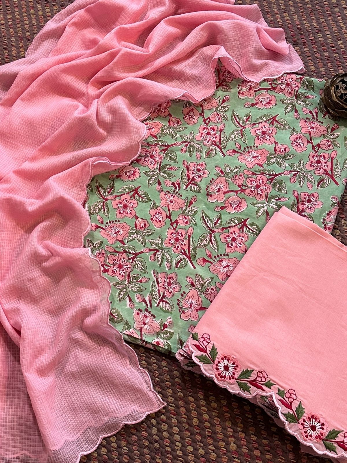 Pure Cotton Malmal Handblocked Unstitched Set