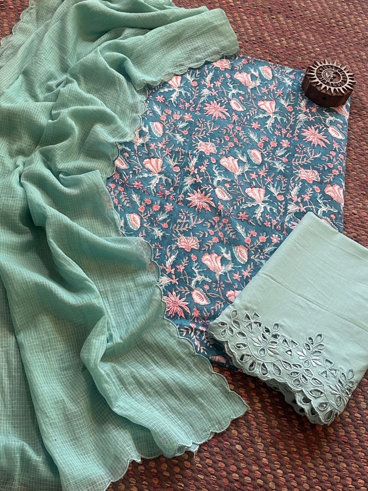 Pure Cotton Hand-blocked Fabric with Cutwork Bottom & Kota Doria Dupatta