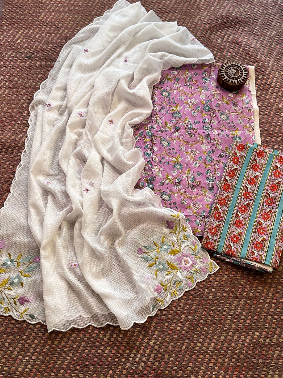 Pure Cotton Malmal Handblock Fabric with Embroidered Dupatta