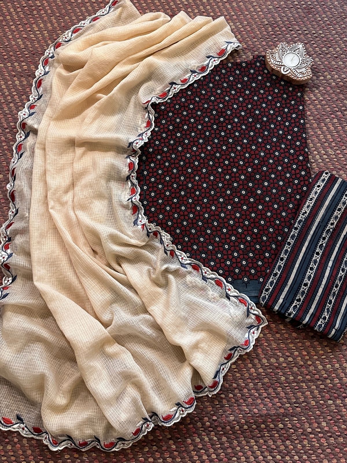 Ajrakh Cotton Malmal Unstitched Set with Embroidered Kota Dupatta