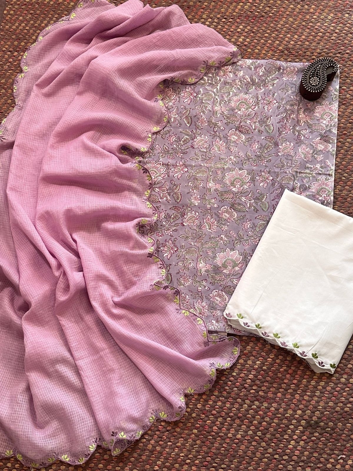 Pure Cotton Hand-block Fabric with Exclusive Embroidered Bottom & Kota Doria Dupatta