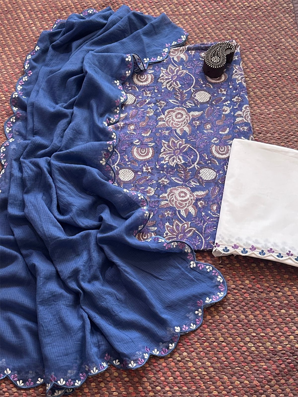 Pure Cotton Hand-block Fabric with Exclusive Embroidered Bottom & Kota Doria Dupatta
