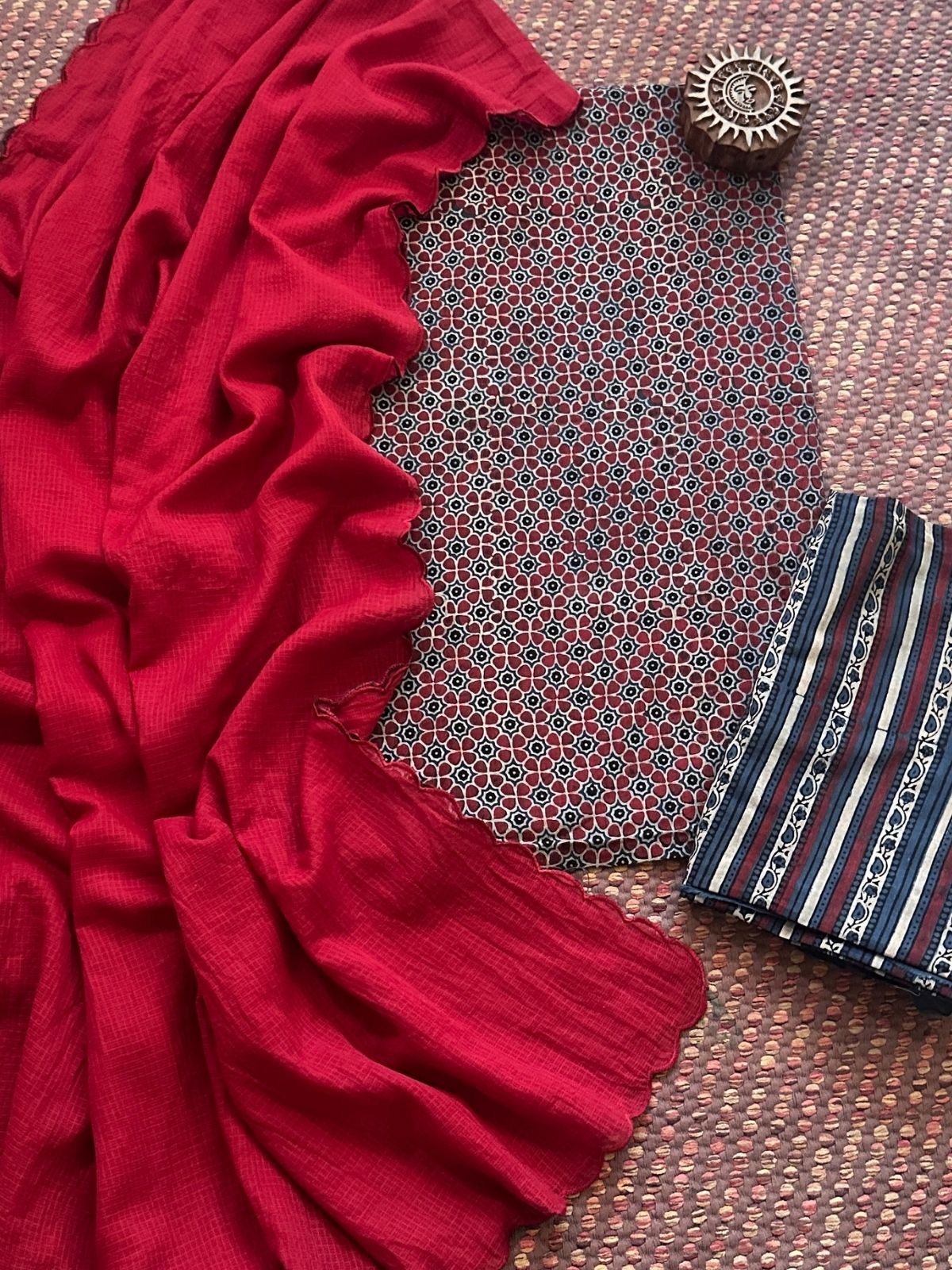 Ajrakh Handblocked Pure Cotton Malmal  Set & Kota Doria Dupatta