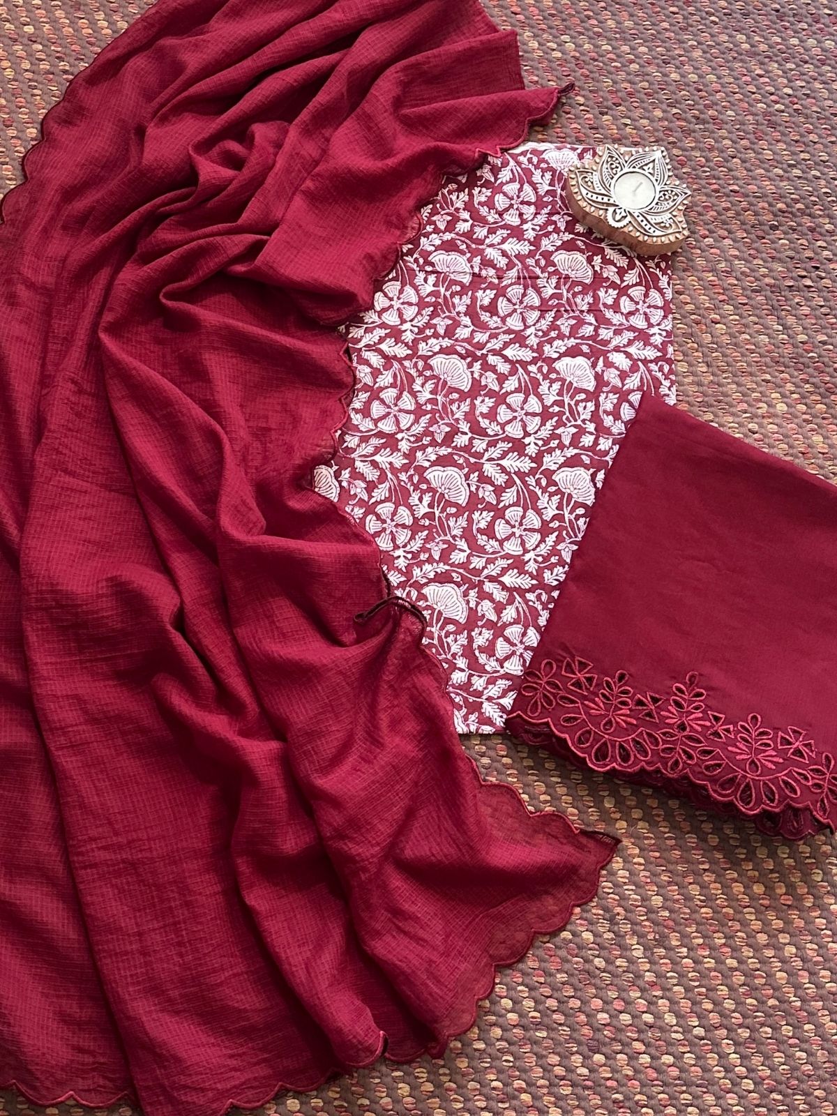 Pure Cotton Hand-blocked Fabric with Cutwork Bottom & Kota Doria Dupatta