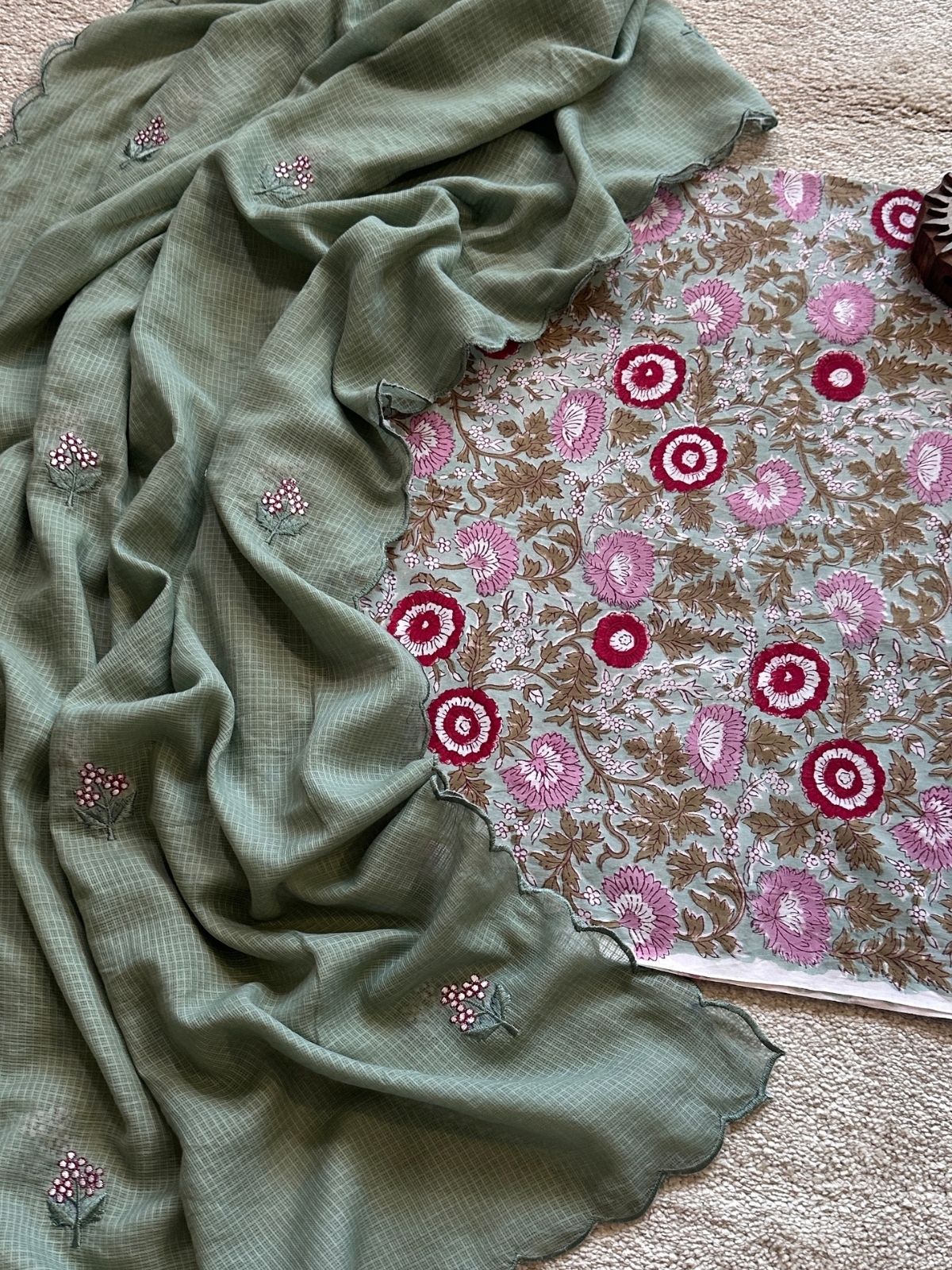 Sage - Hand blocked Fabric with Embroidered Dupatta
