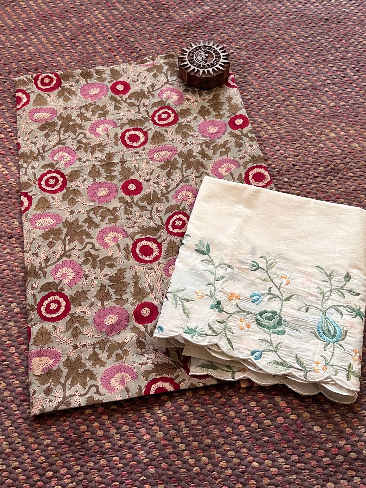 Pure Cotton Hand-blocked Fabric with Embroidered Bottom