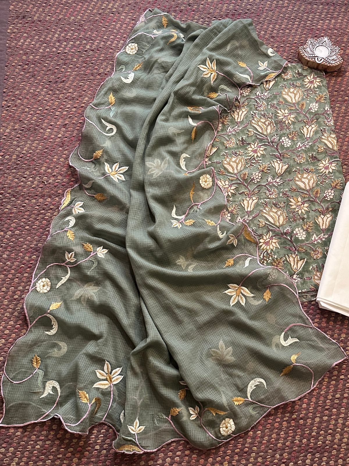 Pure Cotton Hand-blocked Fabric with Embroidered Dupatta