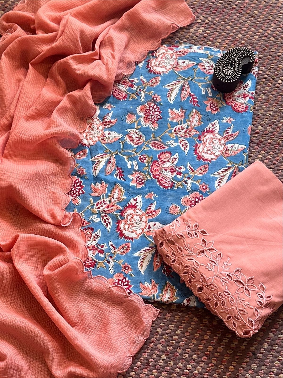Pure Cotton Hand-blocked Fabric with Cutwork Bottom & Kota Doria Dupatta