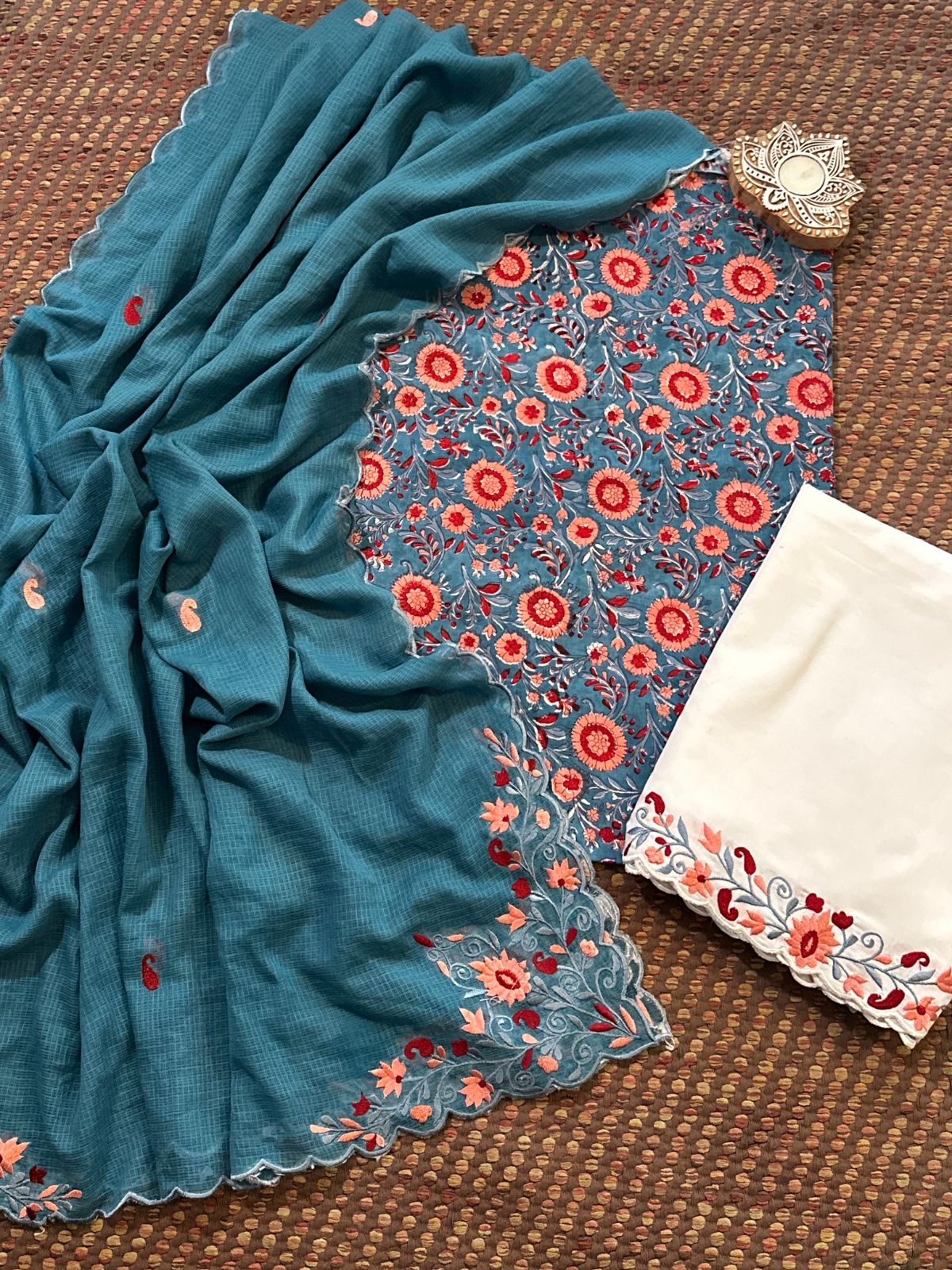 Pure Cotton Hand-block Fabric with Embroidered Bottom & Kota Doria Dupatta