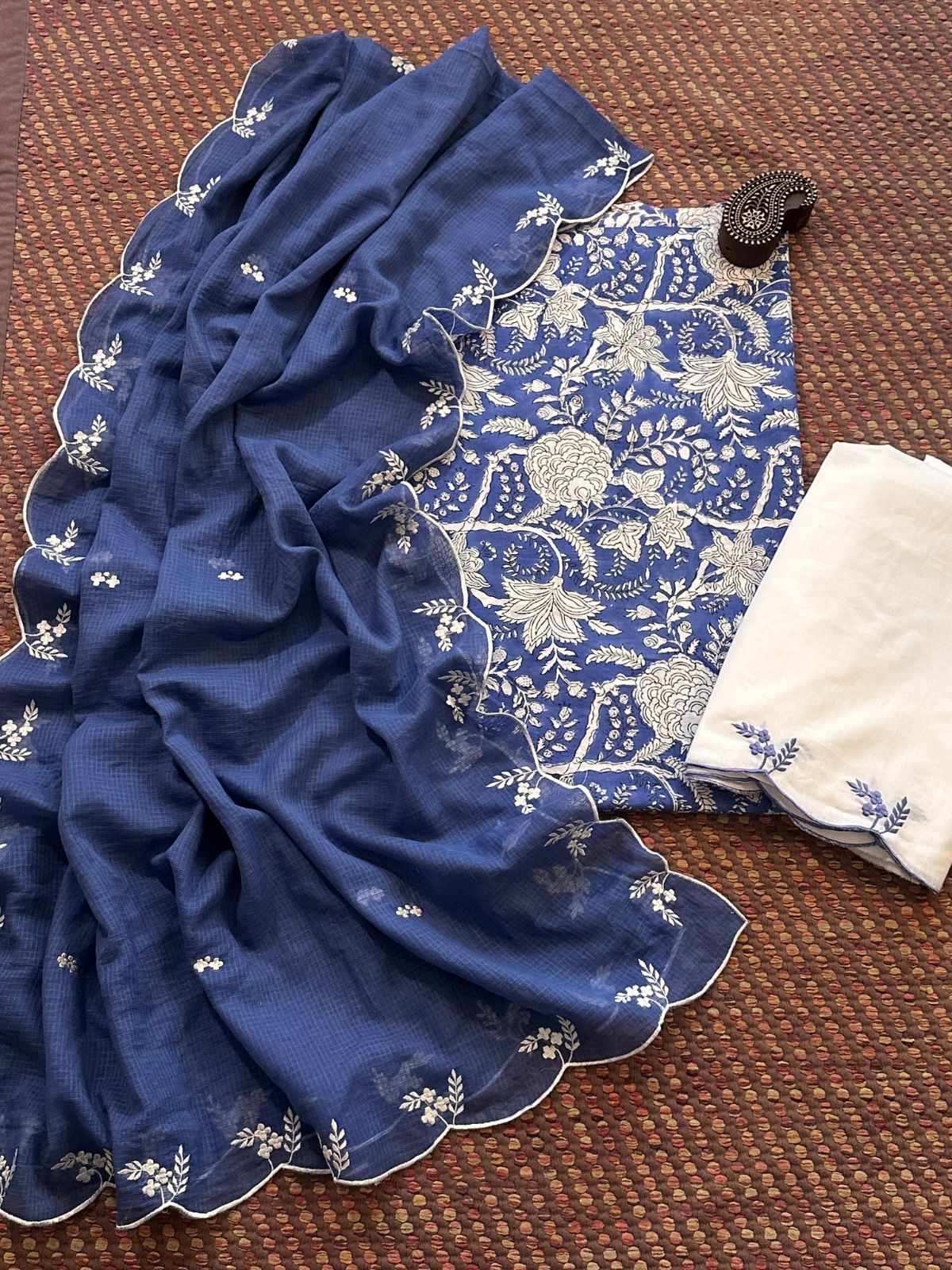 Pure Cotton Hand-block Fabric with Embroidered Bottom & Kota Doria Dupatta