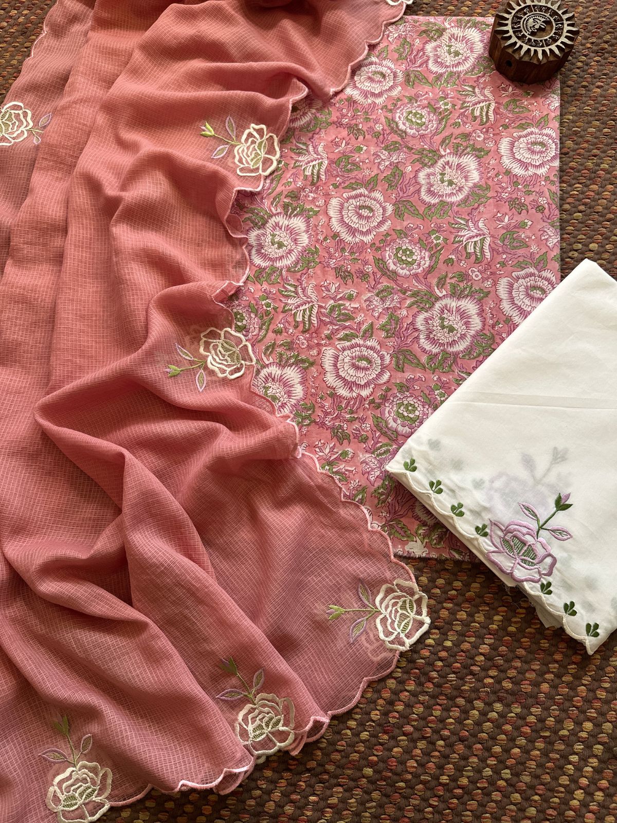 Pure Cotton Hand-block Fabric with Exclusive Embroidered Bottom & Kota Doria Dupatta