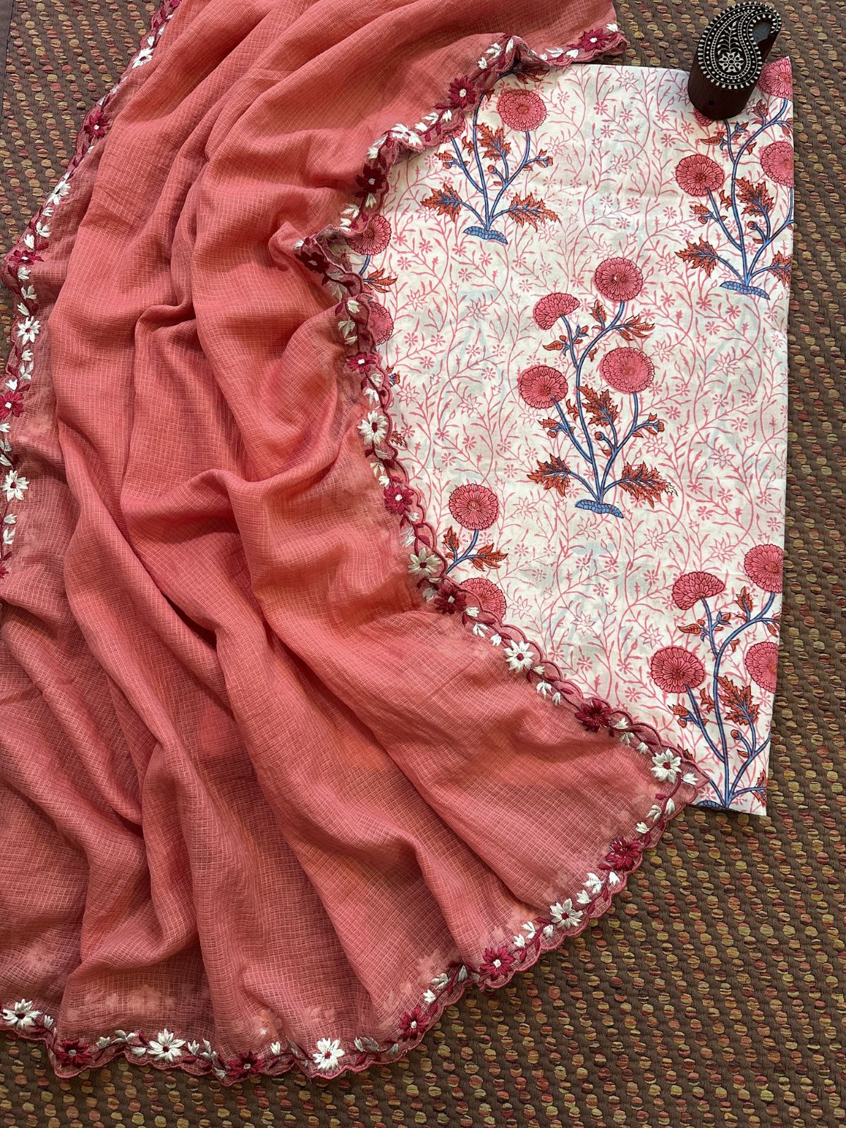 Pure Cotton Hand-blocked fabric set with Embroidered Dupatta