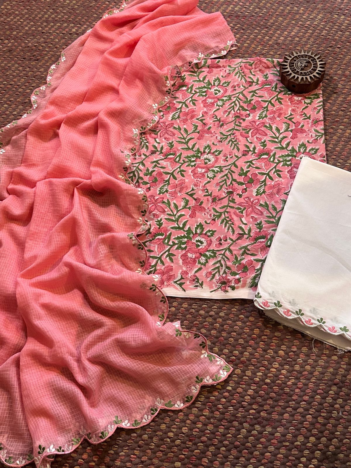 Pure Cotton Hand blocked Set with Embroidered Dupatta