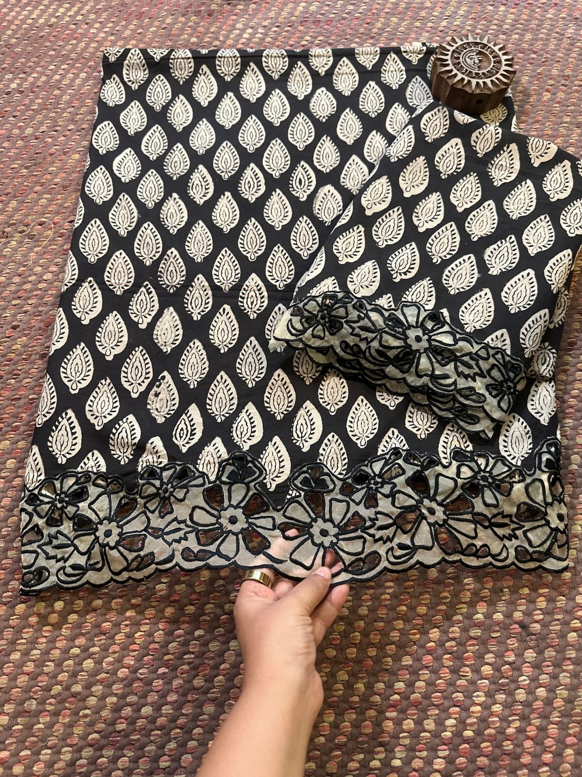 Pure Cotton Hand-blocked Coord Set with Cutwork on Organza Patch Work.