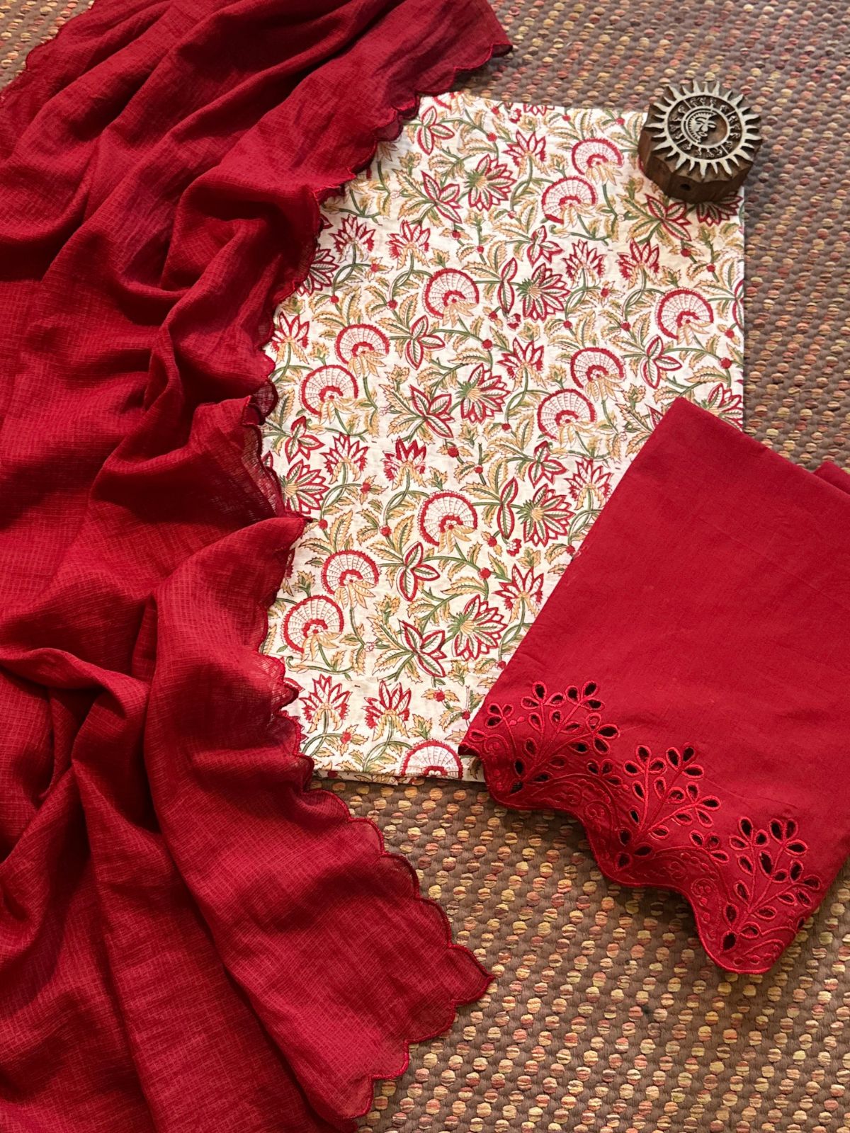 Pure Cotton Hand-blocked Fabric with Cutwork Bottom & Kota Doria Dupatta