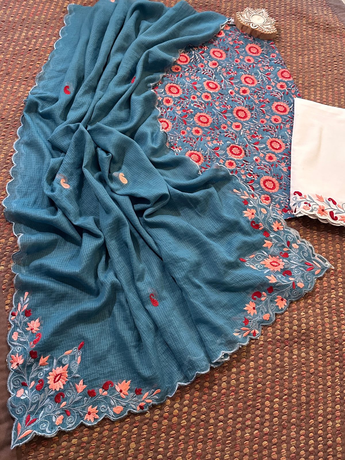 Pure Cotton Hand-block Fabric with Embroidered Bottom & Kota Doria Dupatta