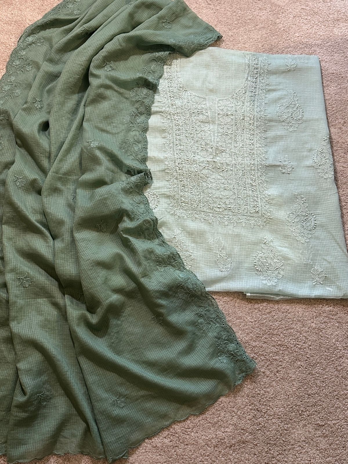 Chikankari Hand Embroidered Fabric with Kota Embroidered Dupatta