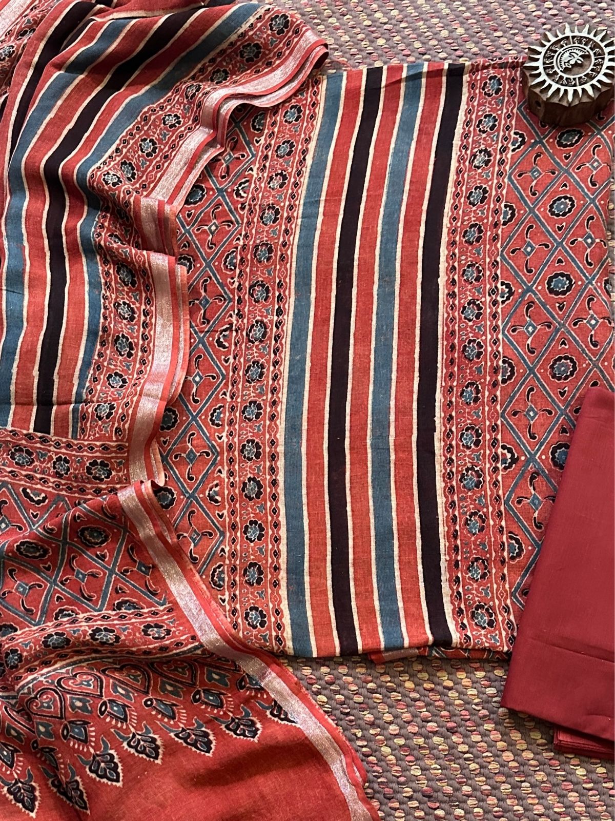 Linen Ajrakh Hand- Block Unstitched Set