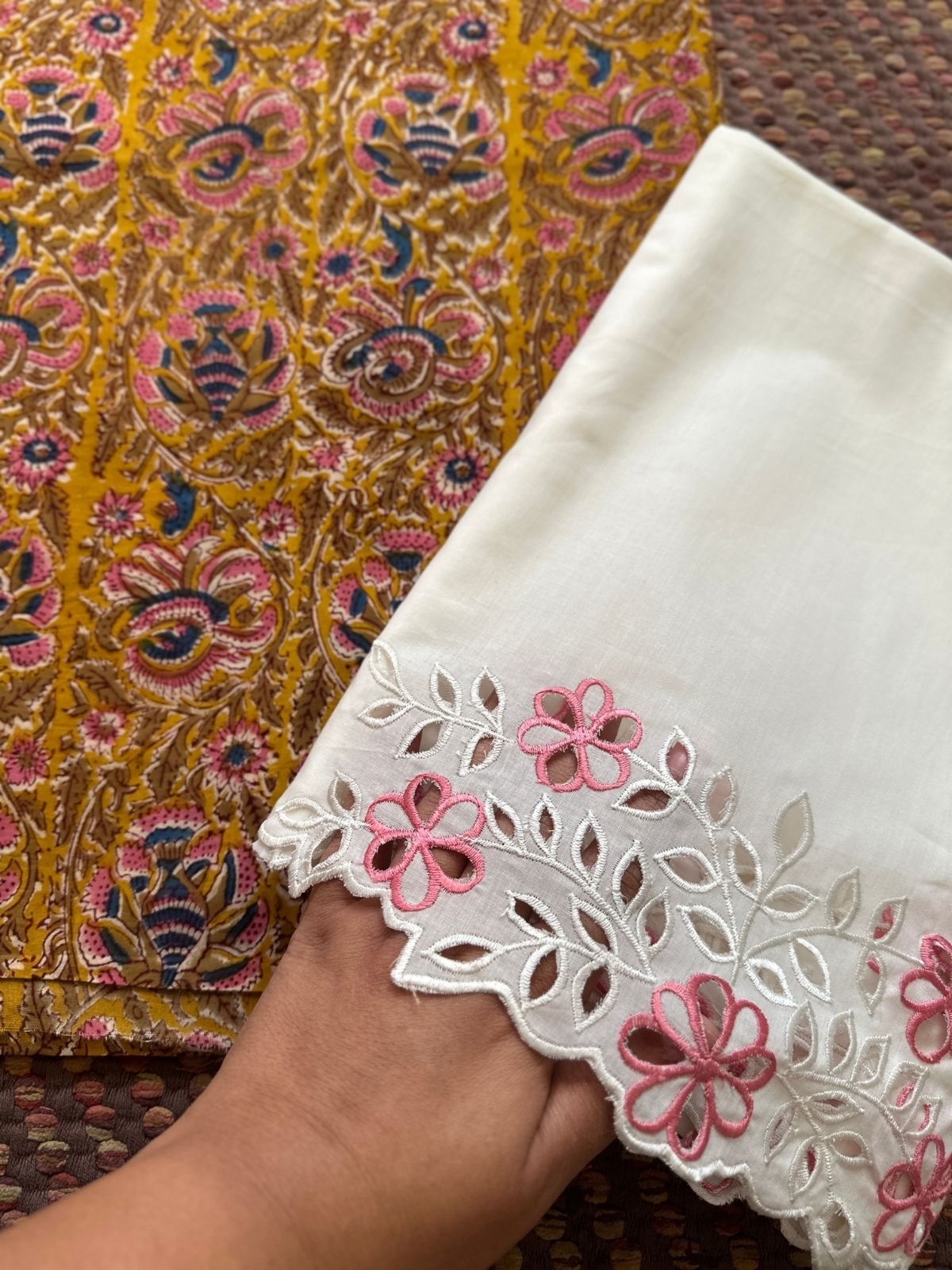 Pure Cotton Mal with Cutwork Bottom Unstitched Set