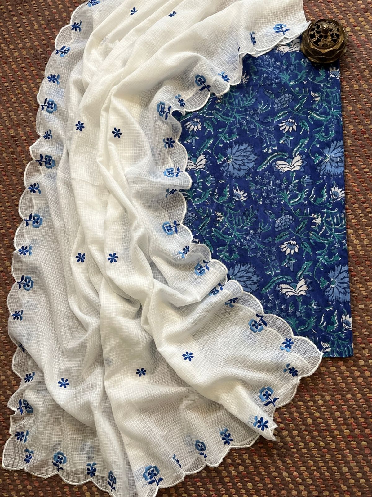 Pure Cotton Handblocked Fabric with Embroidered Dupatta