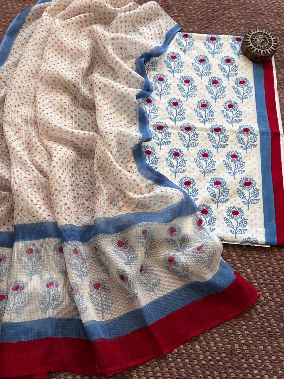 Pure Handblcoked Cotton Unstitched Set with Handblocked Kota Dupatta