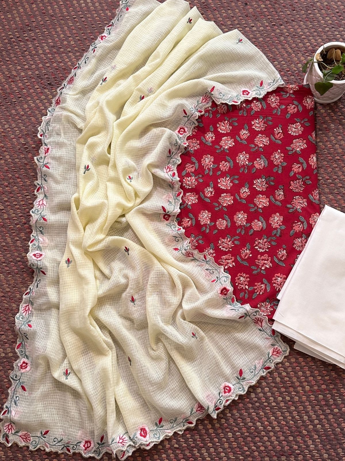 Pure Cotton Hand-block Fabric set with Embroidered Kota Doria Dupatta