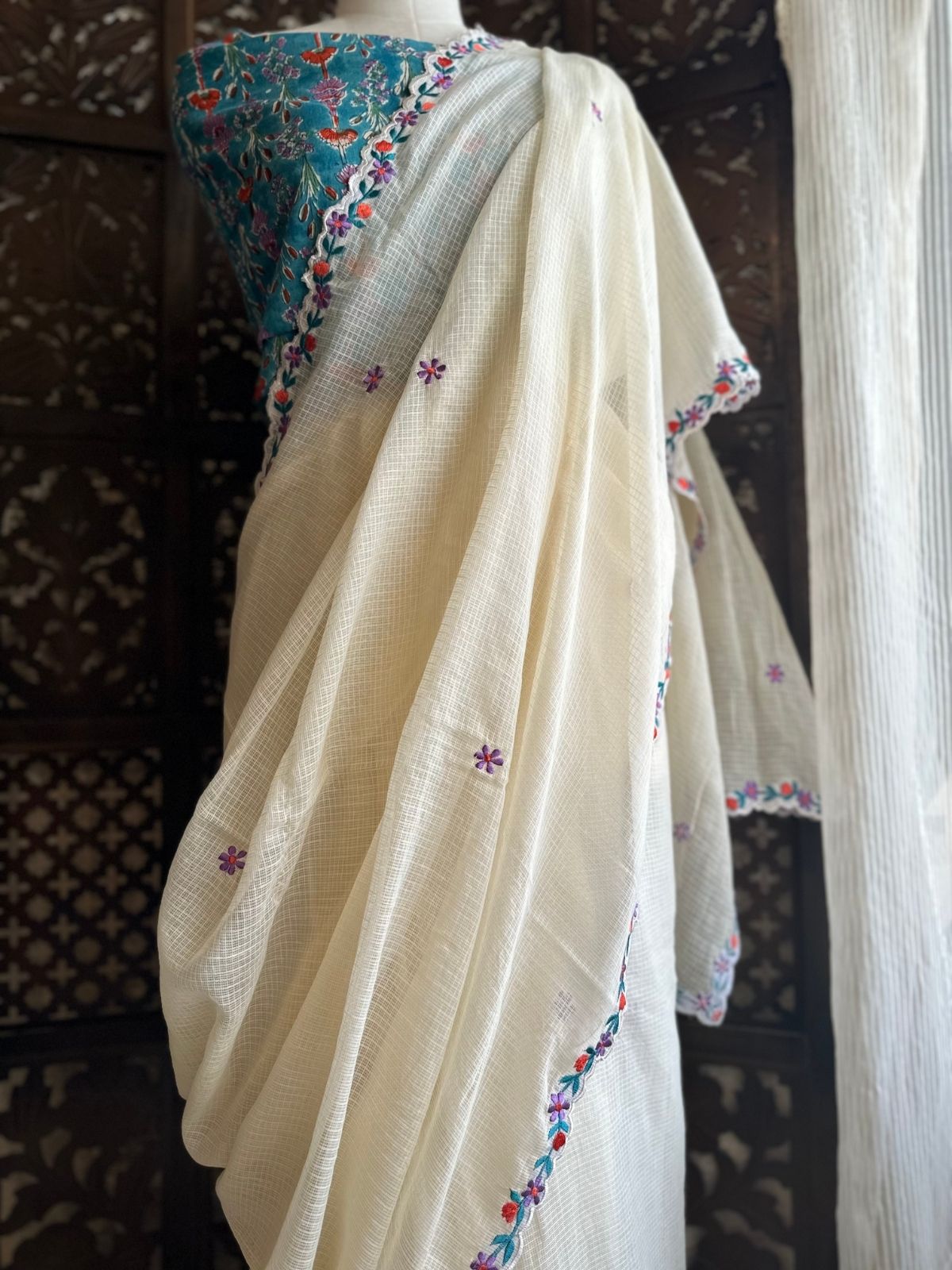 Kota Doria Embroidered Saree with Hand Block Blouse fabric