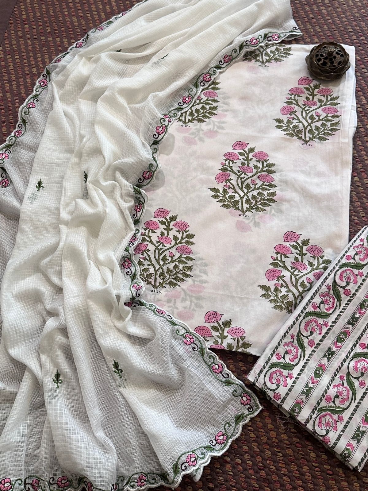 Pure Cotton  Hand blocked Set with Embroidered Dupatta