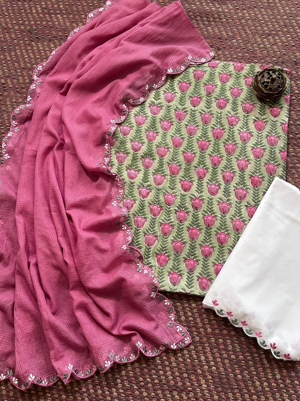 Pure Cotton Hand blocked Set with Embroidered Dupatta