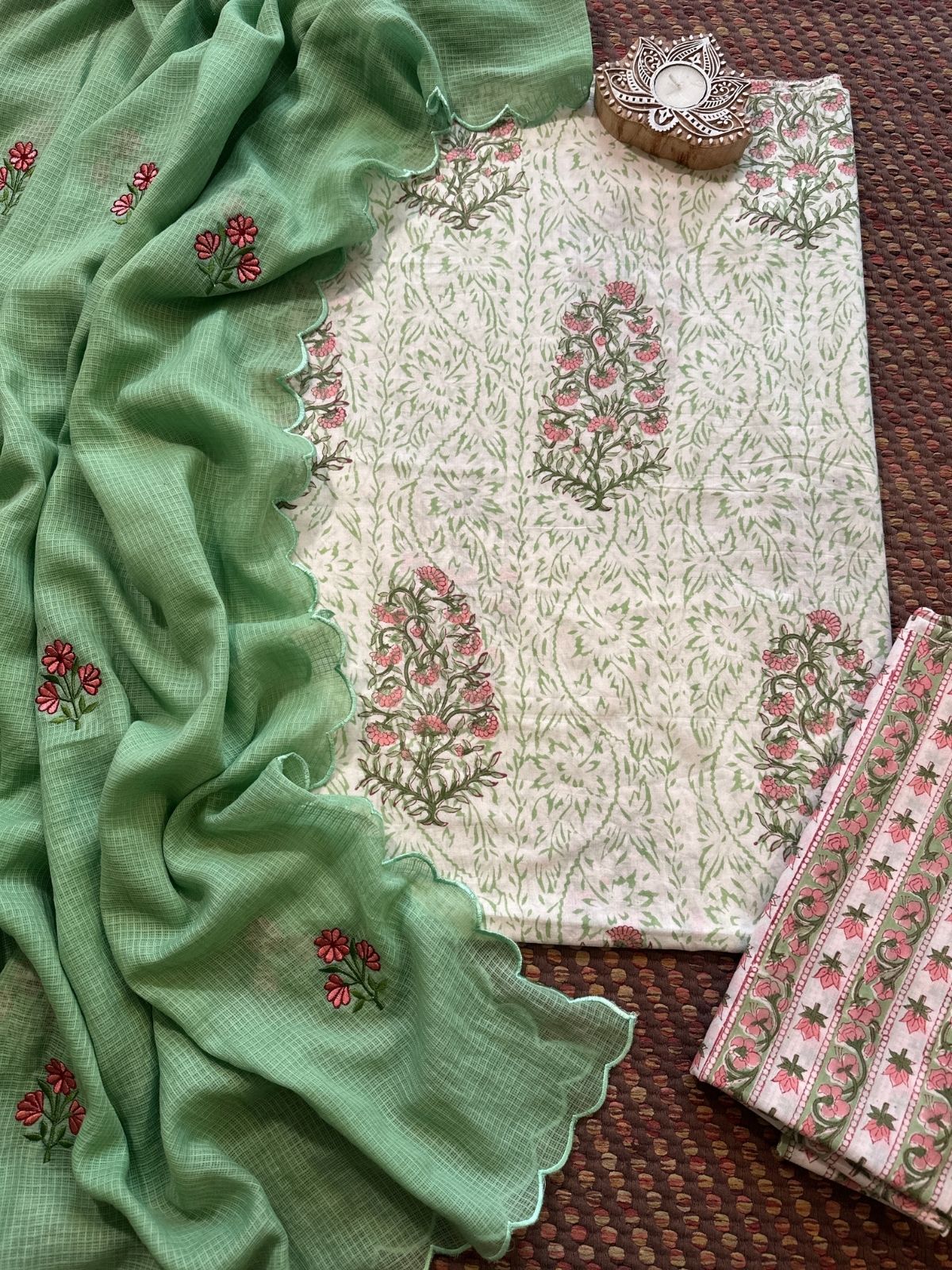 Pure Cotton  Hand blocked Set with Embroidered Dupatta