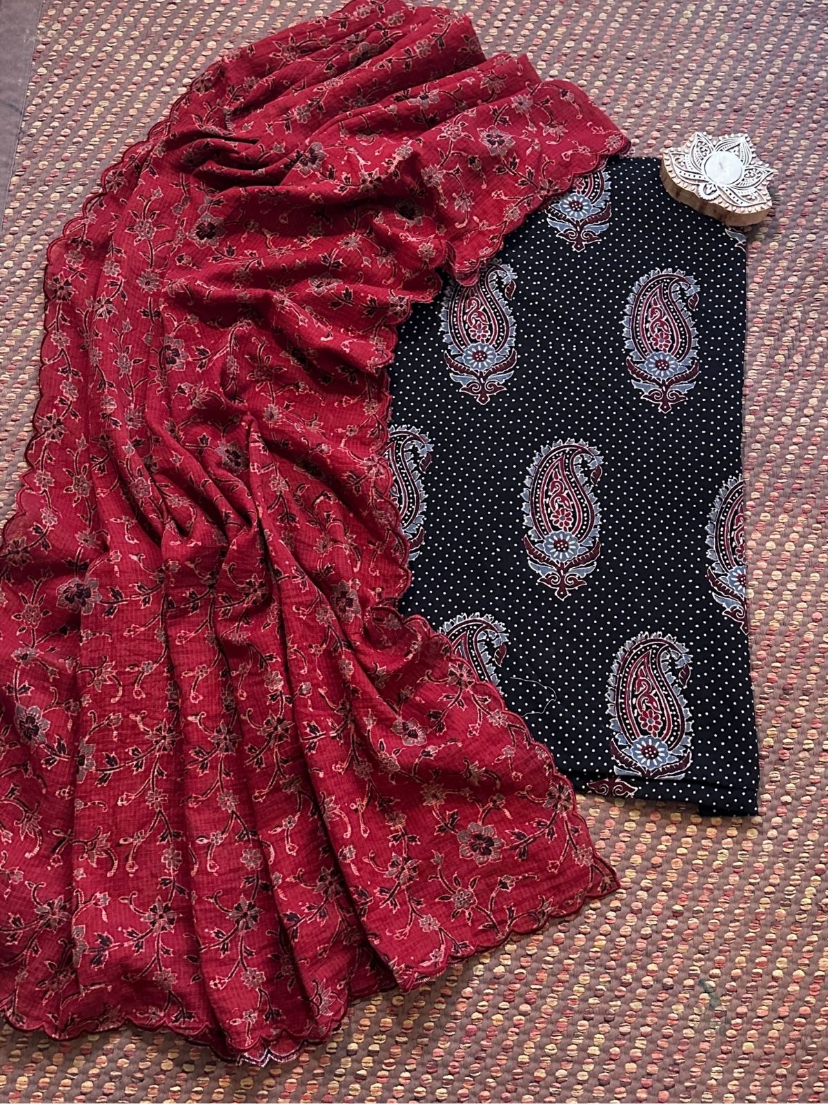 Ajrakh Cotton Malmal Handblocked Set- Top & Dupatta