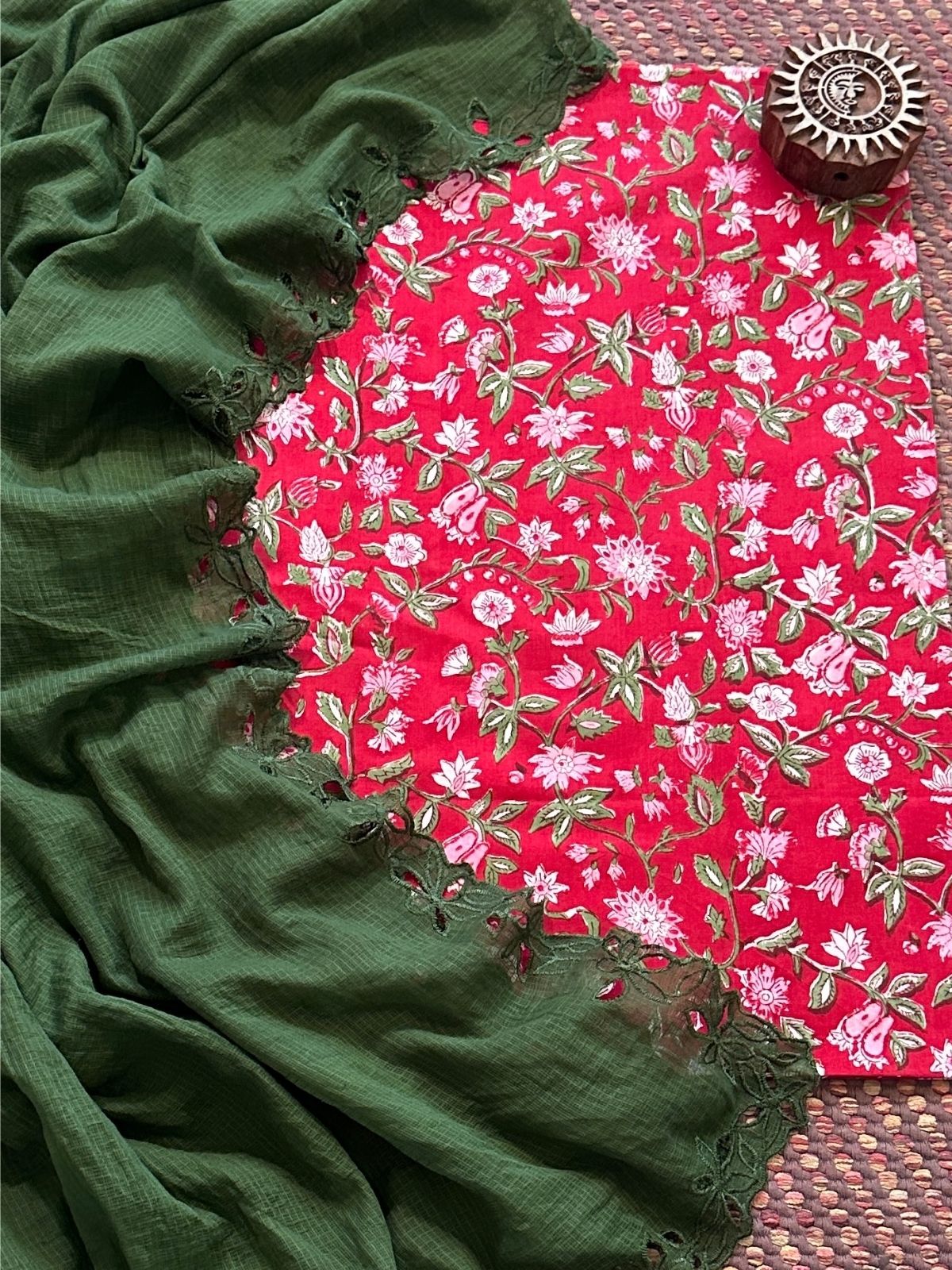 Pure Cotton Handblock Fabric with Cutwork Embroidered Dupatta