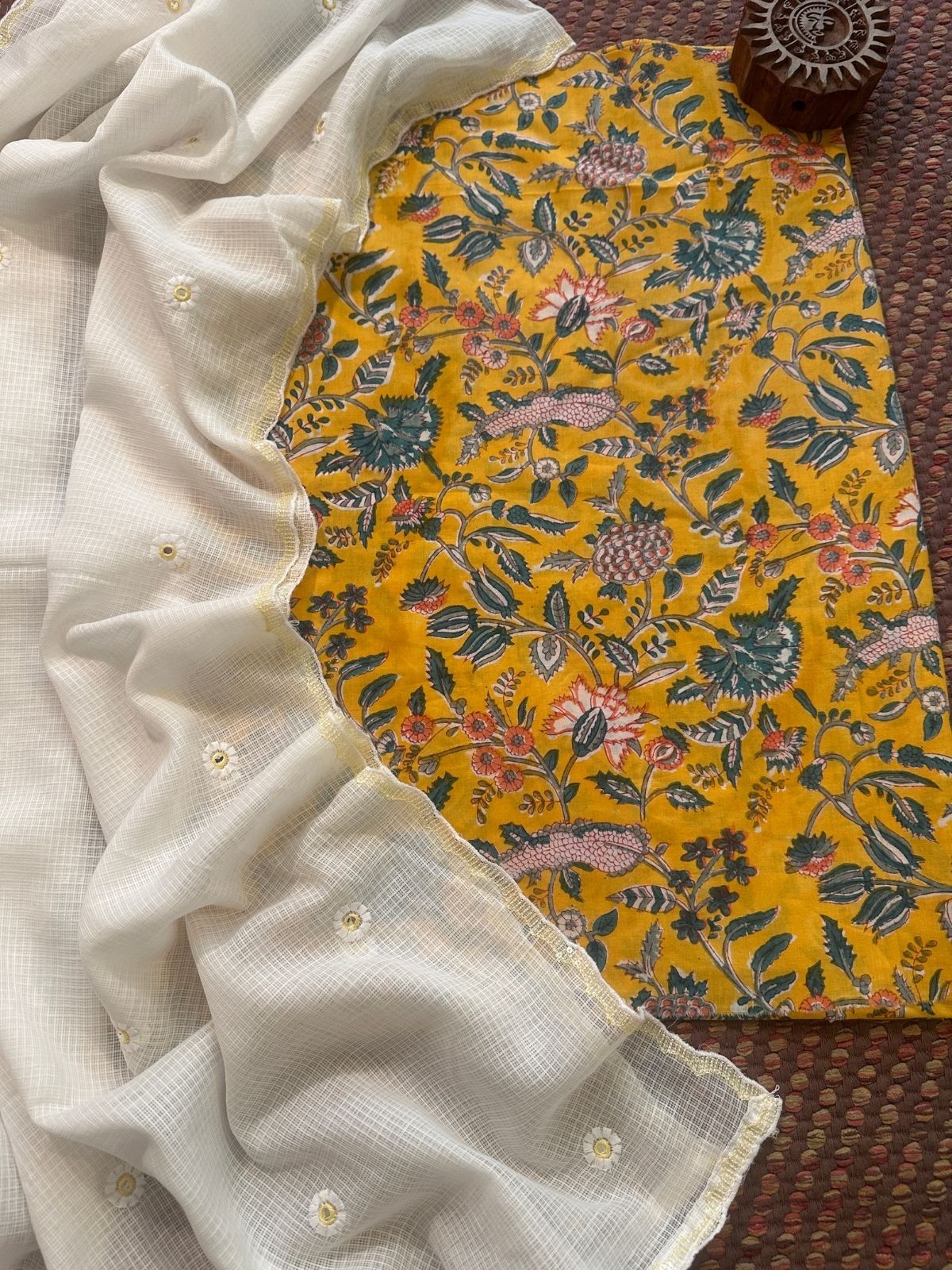 Pure cotton hand-blocked fabric with kota doria embroidered dupatta