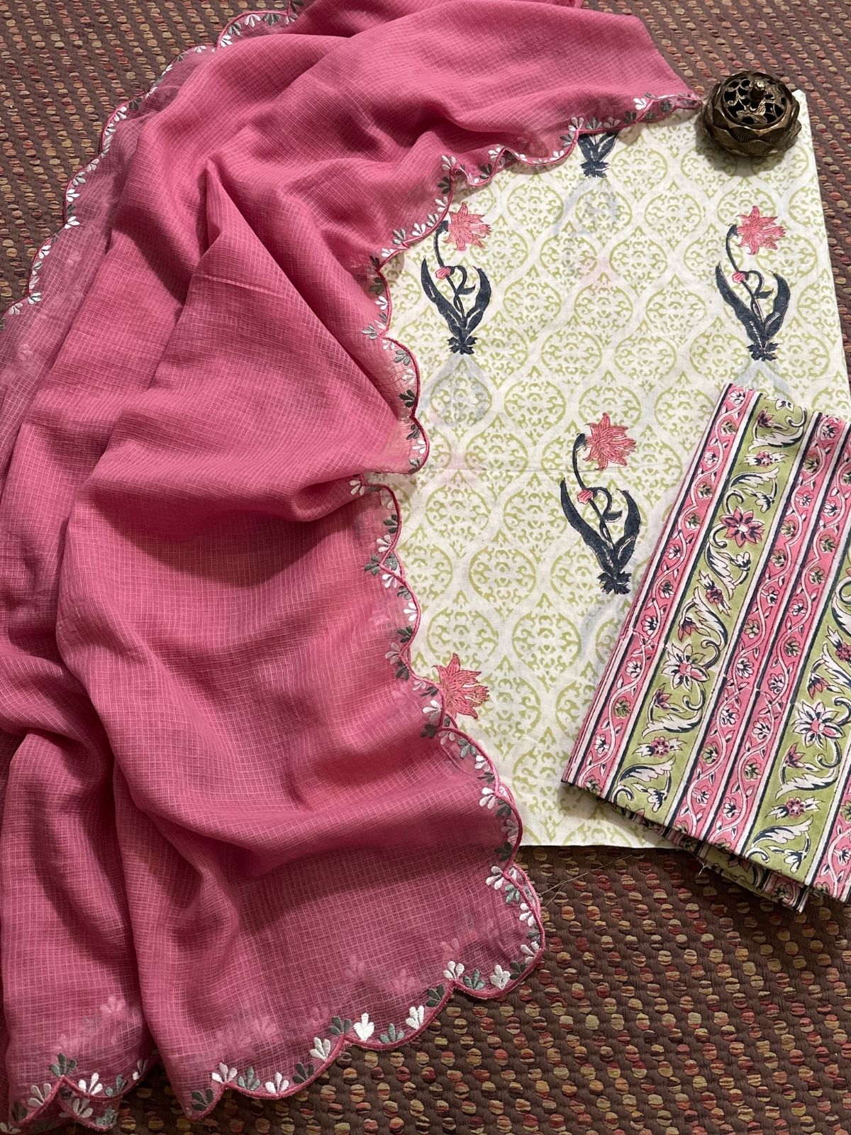 Pure Cotton Hand-blocked Set with Embroidered Dupatta