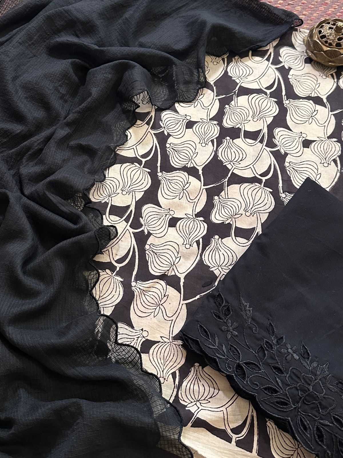 Pure Cotton Handblock Fabric with Cutwork Bottom & Kota Doria Dupatta
