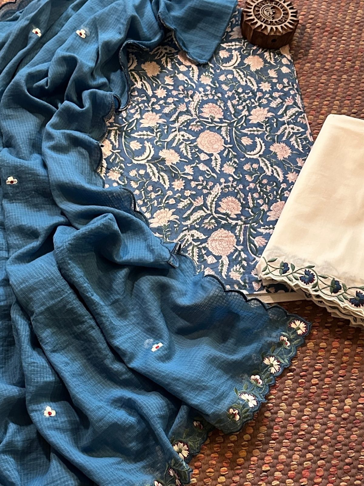 Pure Cotton Hand-block Fabric with Embroidered Bottom & Kota Doria Dupatta