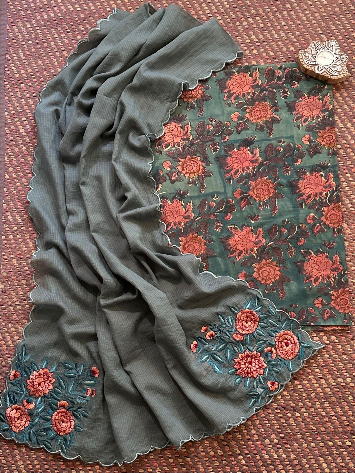 Pure Cotton Malmal Handblock Fabric with Embroidered Dupatta.