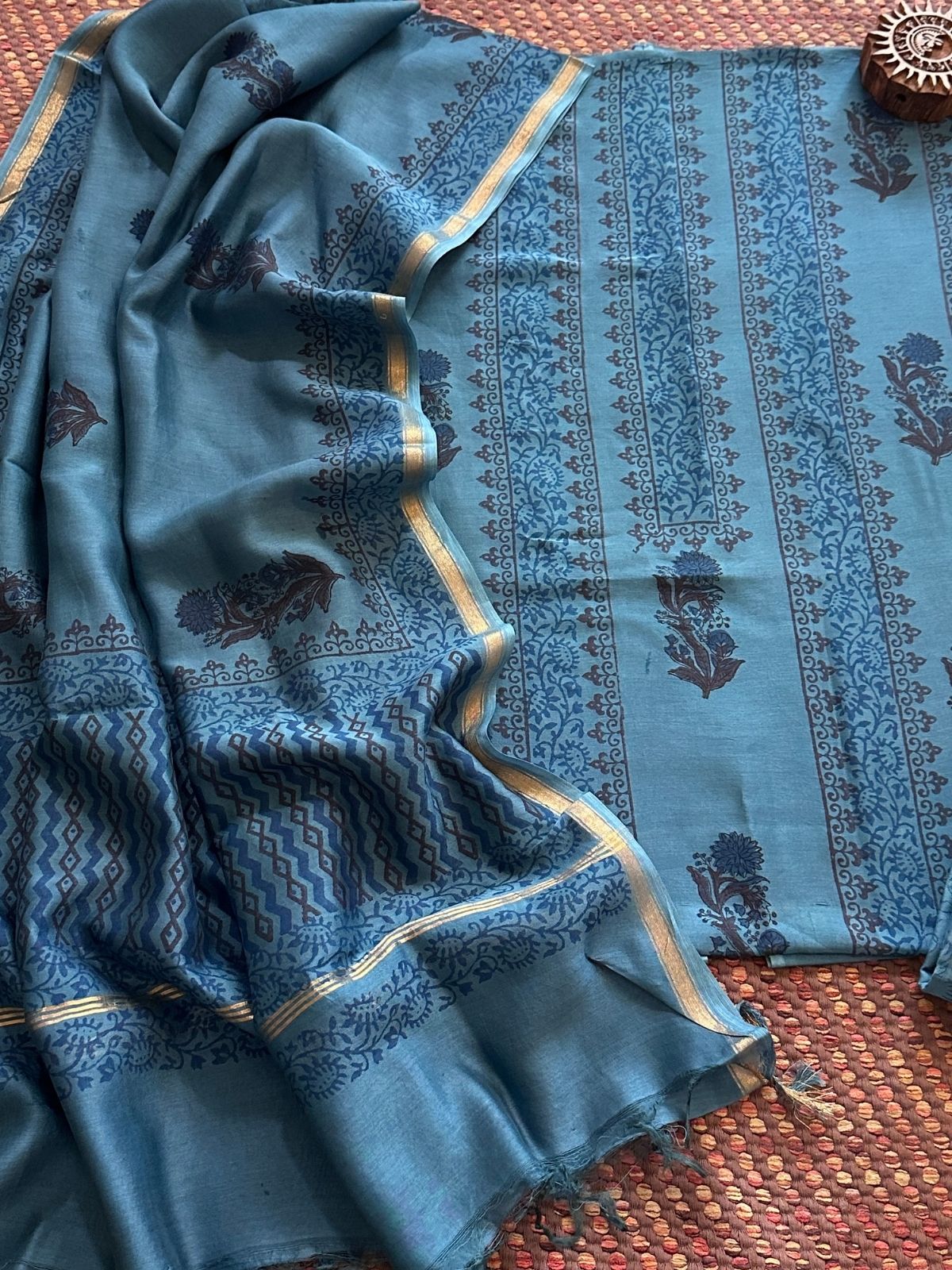 Hand-blocked Maheswari Unstitched Set