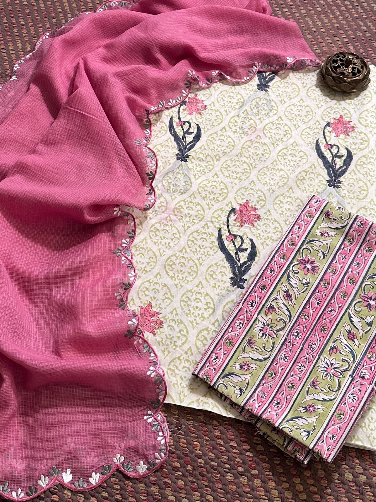 Pure Cotton Hand-blocked Set with Embroidered Dupatta