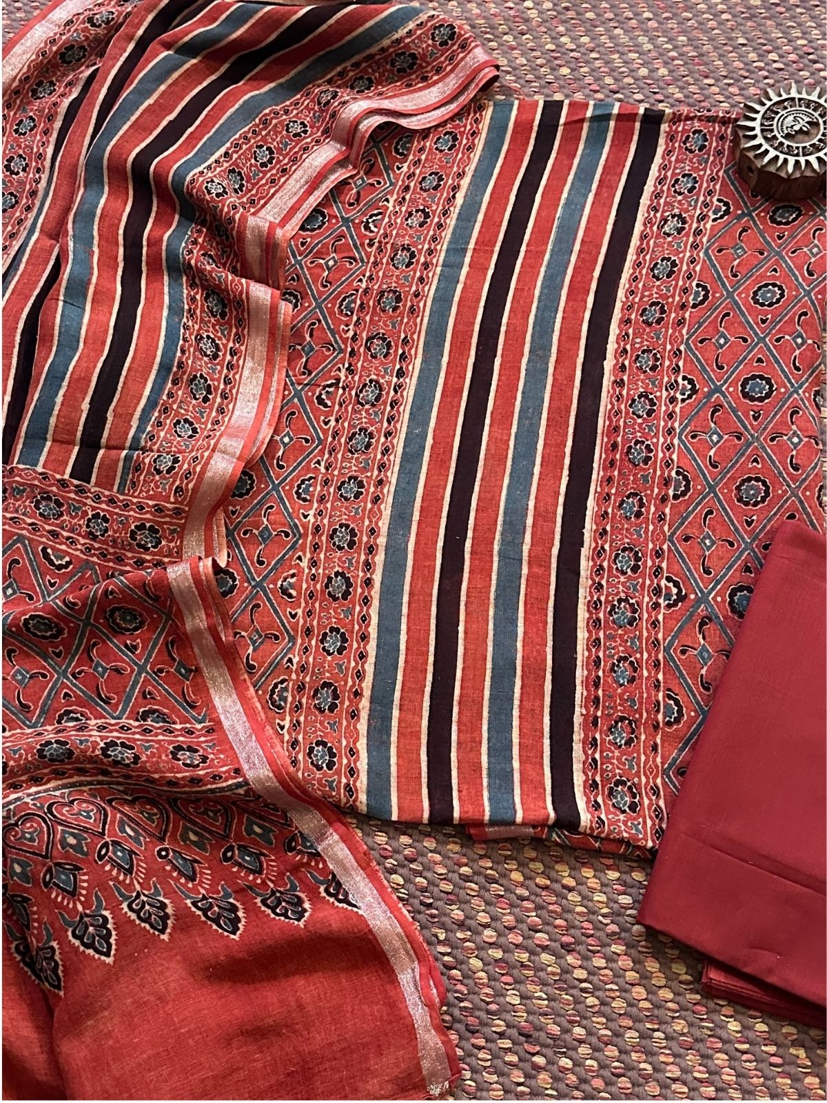 Linen Ajrakh Hand- Block Unstitched Set
