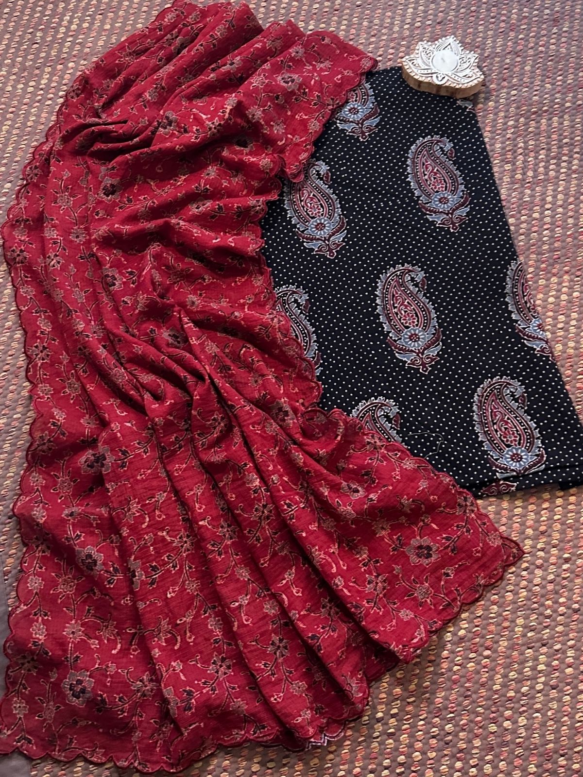 Ajrakh Cotton Malmal Handblocked Set- Top & Dupatta